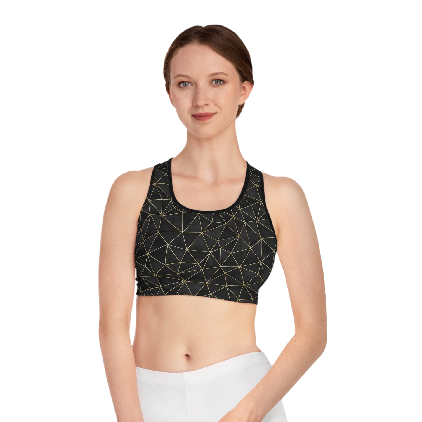 Chic Black & Gold Geometric Sports Bra for Active Women