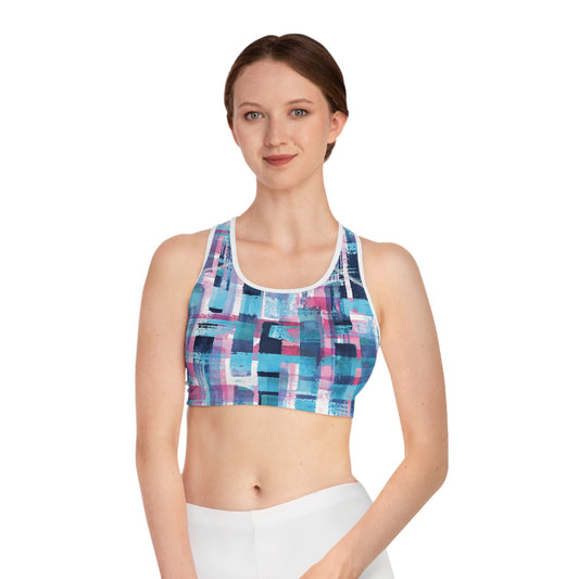 Abstract Pattern Sports Bra - Vibrant Blue and Pink Workout Gear