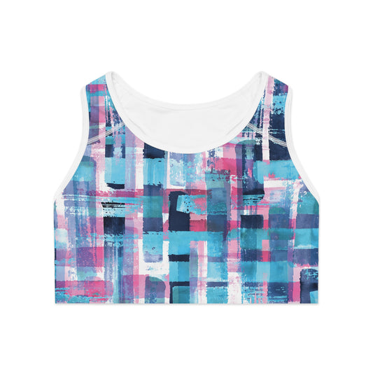 Abstract Pattern Sports Bra - Vibrant Blue and Pink Workout Gear